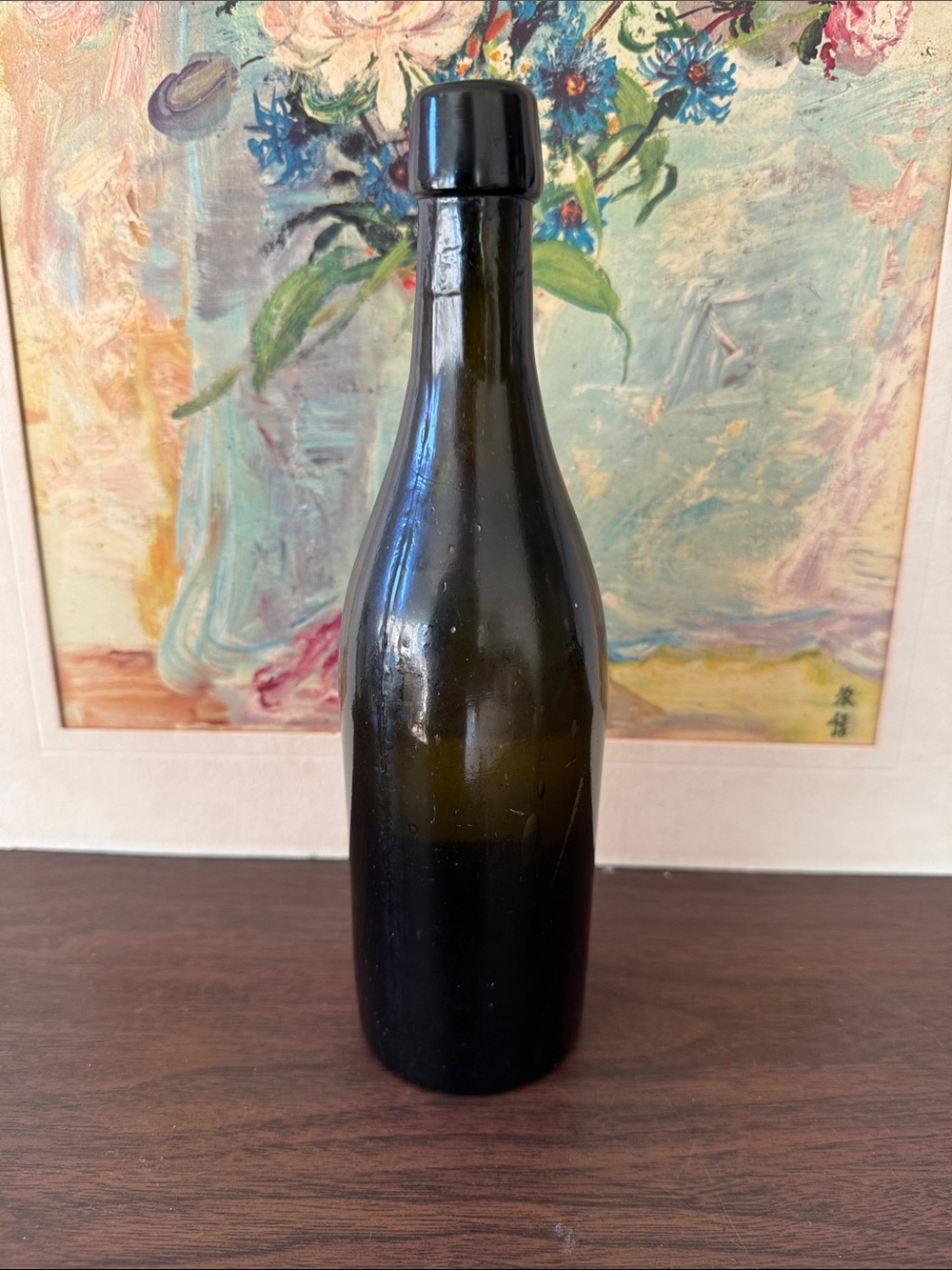 Antique Olive Green Black Glass Wine Bottle - c. 1870s